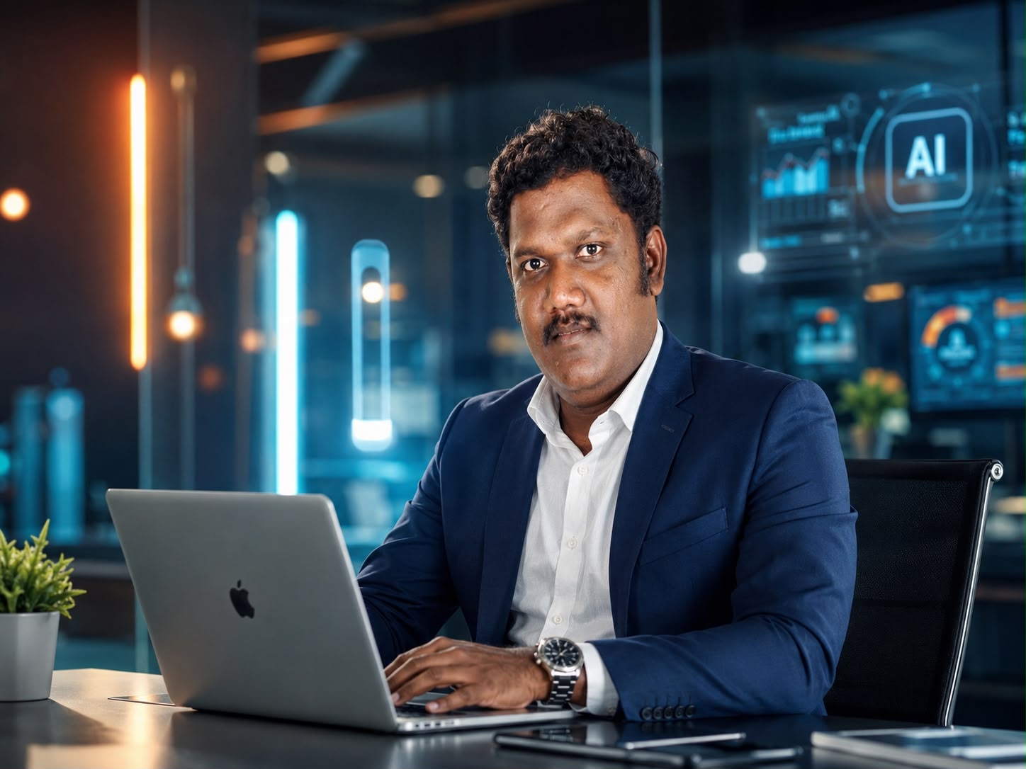 Mari Kannan, AI automation engineer, working in a futuristic AI operations studio